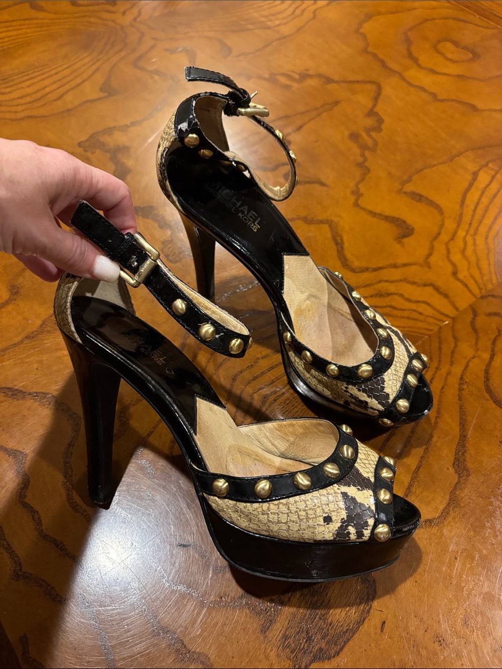 Michael Kors Black and Beige Studded Snake-Print Platform Heels with Ankle Strap